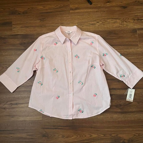 Alia Tops - Pink Striped Floral Embroidered Button Up Shirt Blouse Cottagecore Preppy Boho M